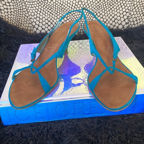 Sigerson Morrison Turquoise Suede Kitten Heel Slingback Sandals - Picture 9 of 15